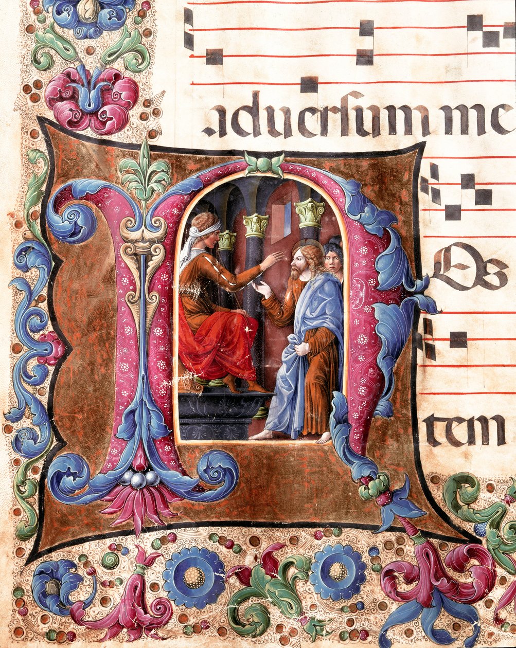 Decoree-bokstäver som representerar Jesus Kristus framför Pontius Pilatus miniatyr av Girolamo da Cremona (aktiv omkring 1451-1483) och Liberale da Verona (1445-1529) från en kör (Cod. 22/7. c.22.) från Cathedrale of Siena. 1400-talets katedral (Duom av Girolamo da Cremona