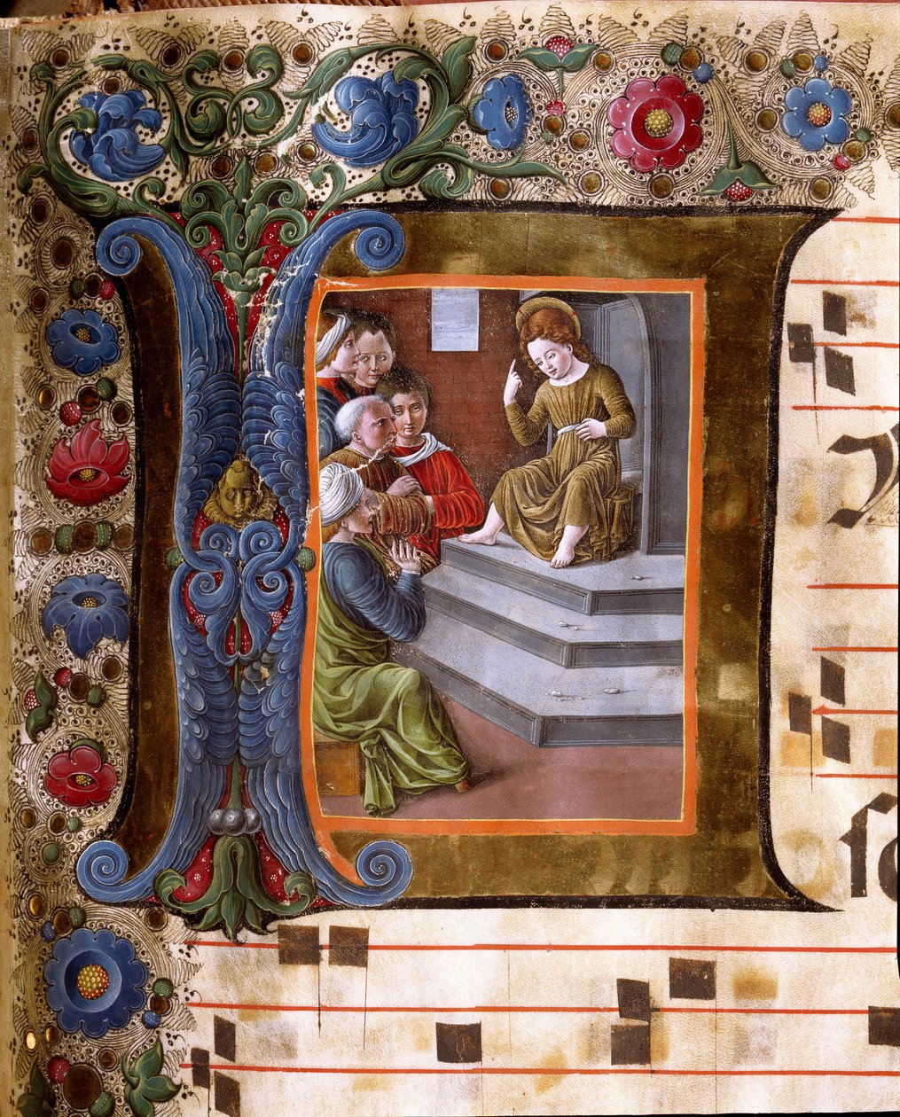 Decoree-brev som föreställer Kristusbarnet och miniatyrläkarna i Girolamo da Cremona (aktiv omkring 1451-1483) och Liberale da Verona (1445-1529) från en kör (Cod. 19/4. c.13.) från katedralen i Siena. 1400-talets katedral (Duomo) i Siena, It av Girolamo da Cremona
