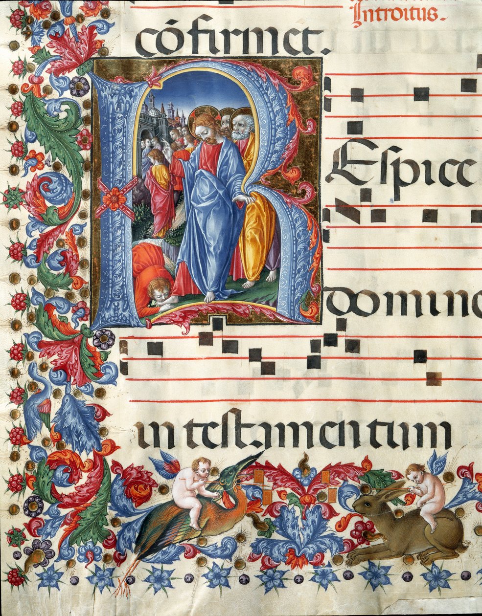 Decoree-lettere, der forestiller Kristus og spedalske miniature af Girolamo da Cremona (aktiv omkring 1451-1483) og Liberale da Verona (1445-1529) fra et kor (Cod. 19/4. c.26.) fra katedralen i Siena. Cathedrale (Duomo) i Siena fra det 15. århundrede, Ital av Girolamo da Cremona