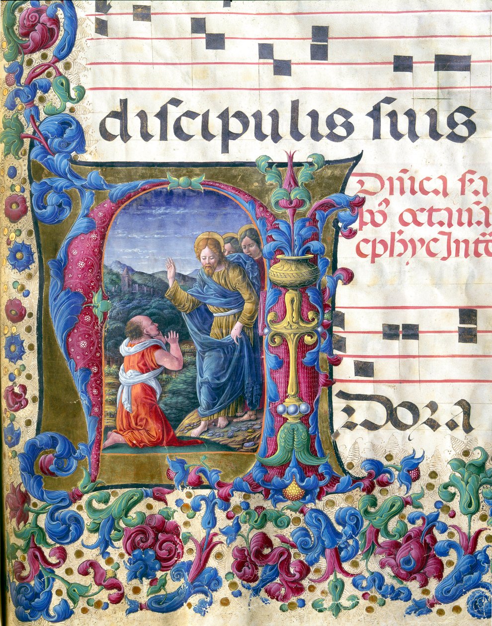 Decoree letrine, der repræsenterer visionen af Isaiah Miniature af Girolamo da Cremona (aktiv omkring 1451-1483) og Liberale da Verona (1445-1529) fra et kor (Cod. 19/4. c.9v.) fra katedralen i Siena. Cathedrale (Duomo) i Siena fra det 15. århundrede, Ital av Girolamo da Cremona
