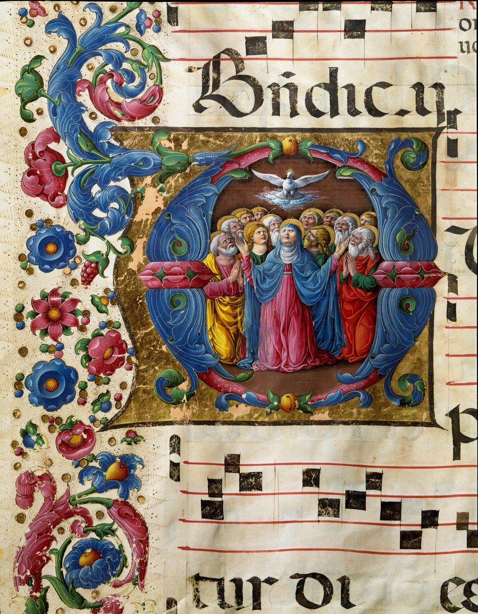 Den Helige Andes duva (Helige Ande) visar sig för Jungfru Maria och apotersna. Miniatyr av Girolamo da Cremona (aktiv omkring 1451-1483) från en kör (Cod. 10/L. c.32v) från katedralen i Siena. 1400-talets katedral (Duomo) i Siena, Italien av Girolamo da Cremona