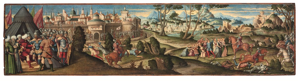 Scener från Orlando Furioso (olja på duk på panel) av Girolamo da Santacroce