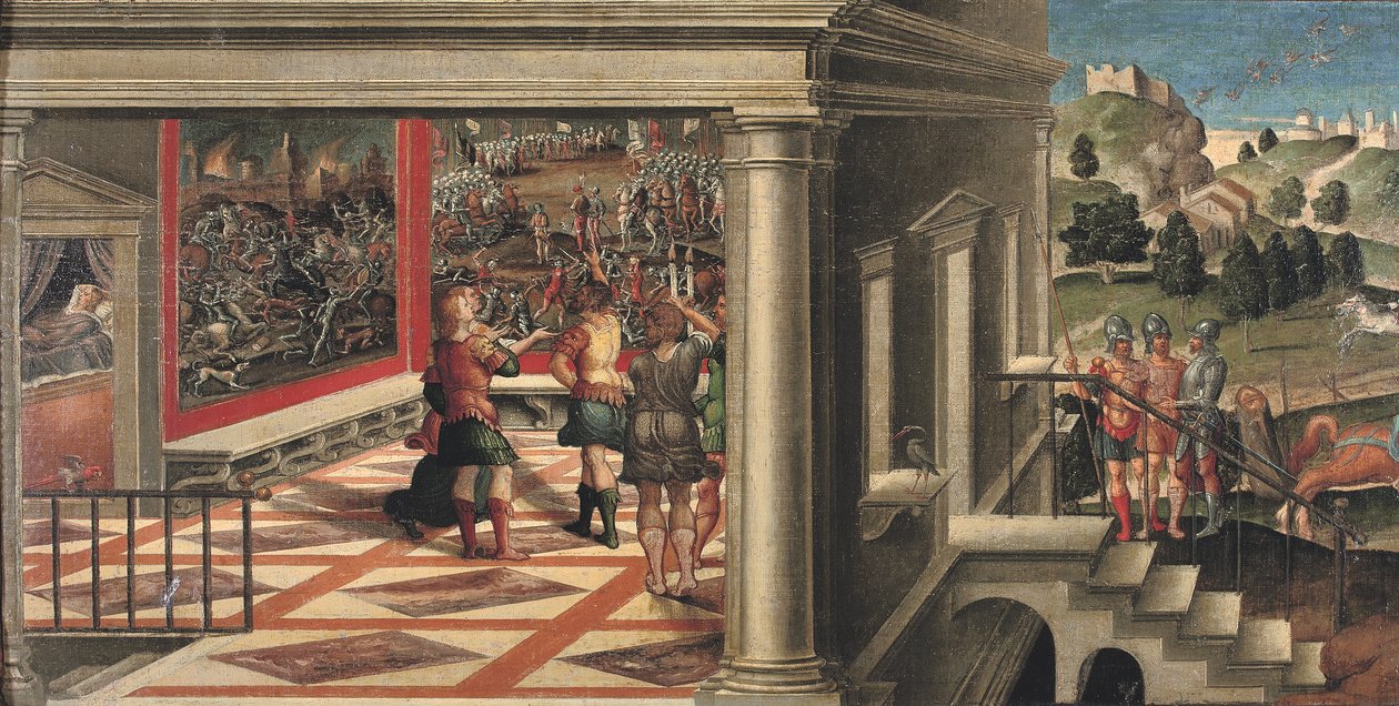 Scener från Orlando Furioso (olja på duk på panel) av Girolamo da Santacroce
