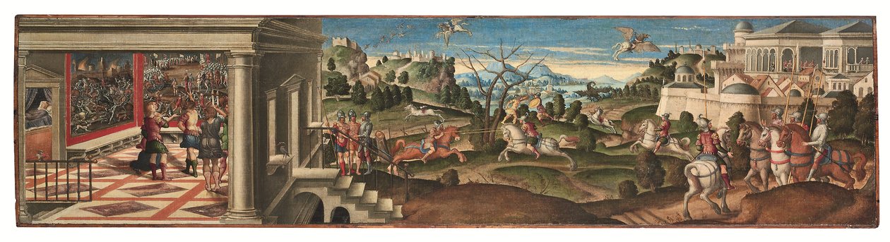 Scener från Orlando Furioso (olja på duk på panel) av Girolamo da Santacroce