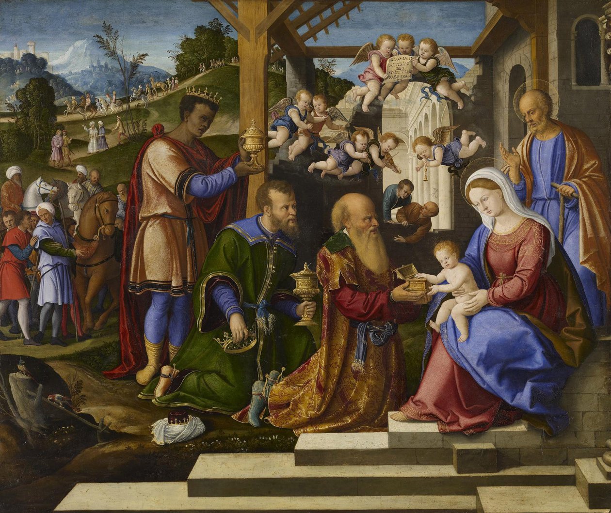 Tillbedjan av de tre kungarna, ca 1525-1530 av Girolamo da Santacroce