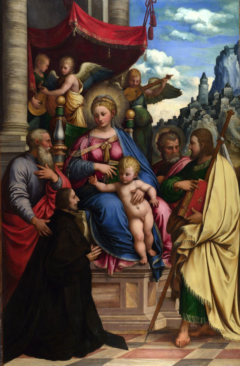 Madonnan med barnet och änglar, helgon och en givare av Girolamo da Treviso the Younger