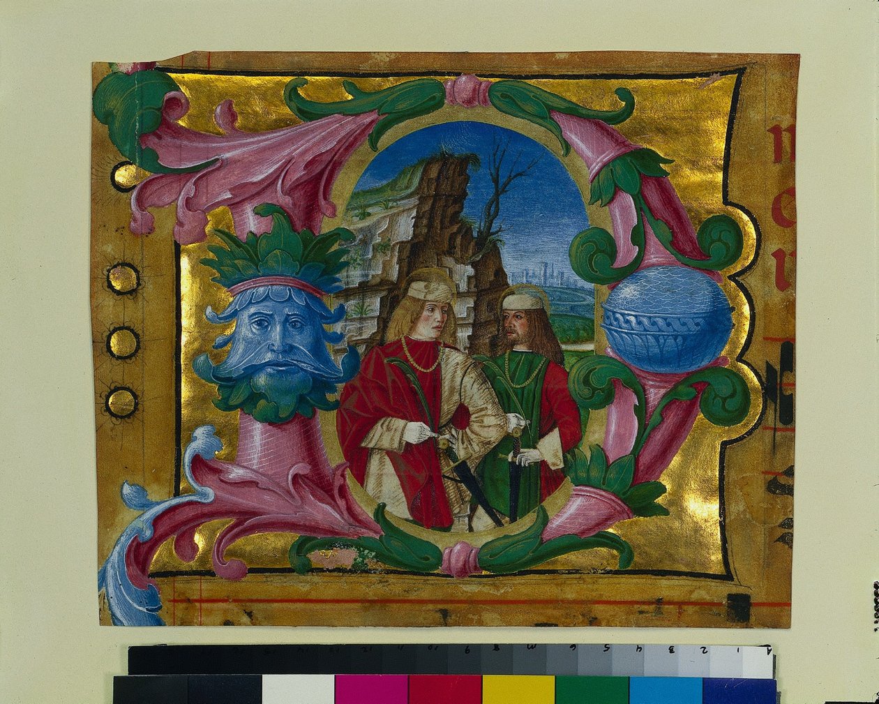Historikerad initial D Utskuren ur en körbok: Två martyrhelgon, ca. 1500-1510. av Girolamo dai Libri