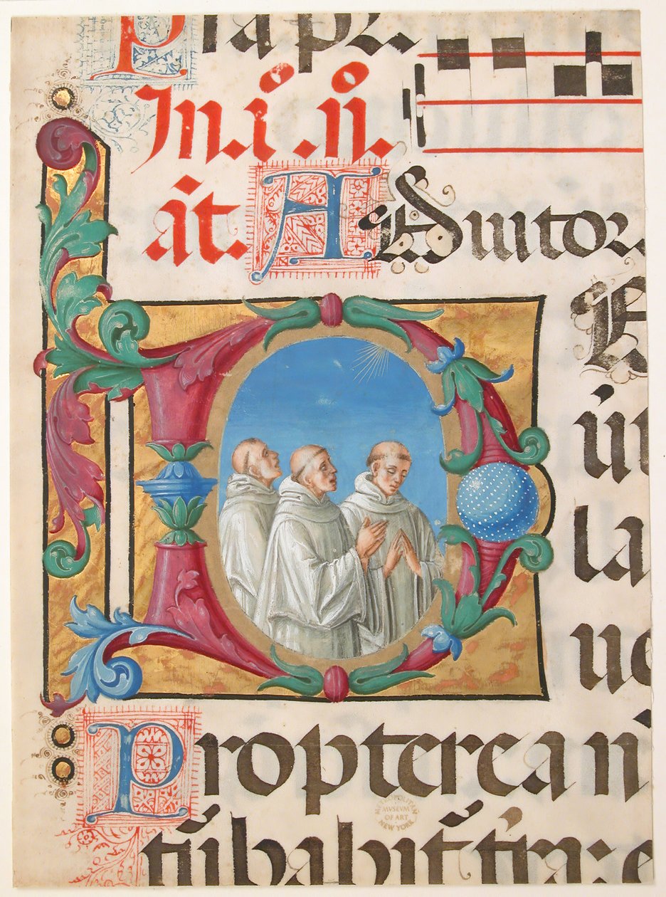 Manuskriptbelysning med sjungande munkar i ett initialt D, från en psalter, 1501-2. av Girolamo dai Libri