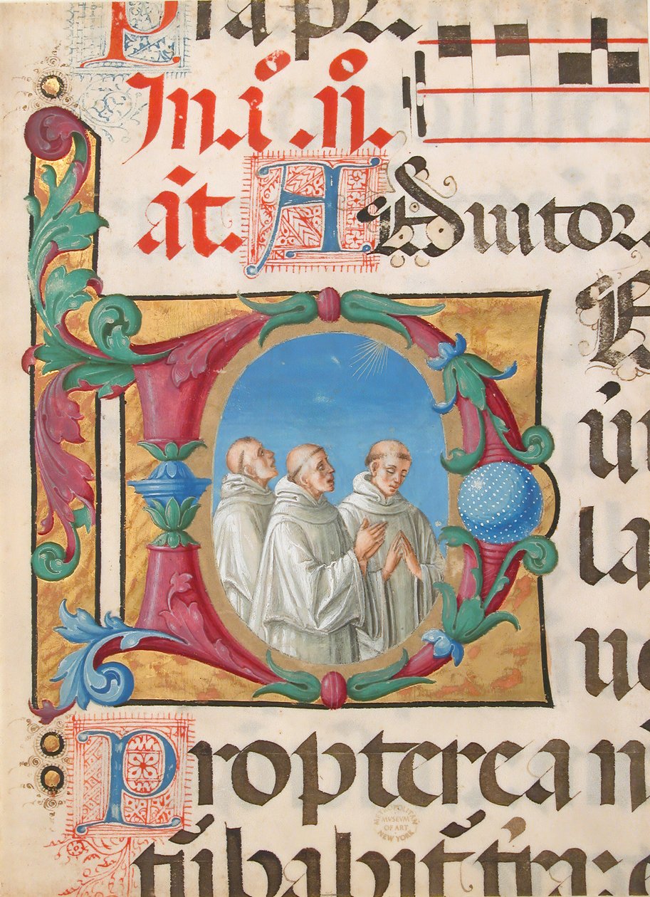 Manuskriptbelysning med sjungande munkar i ett initialt D, från en psalter, italienska, 1501-2. av Girolamo dai Libri