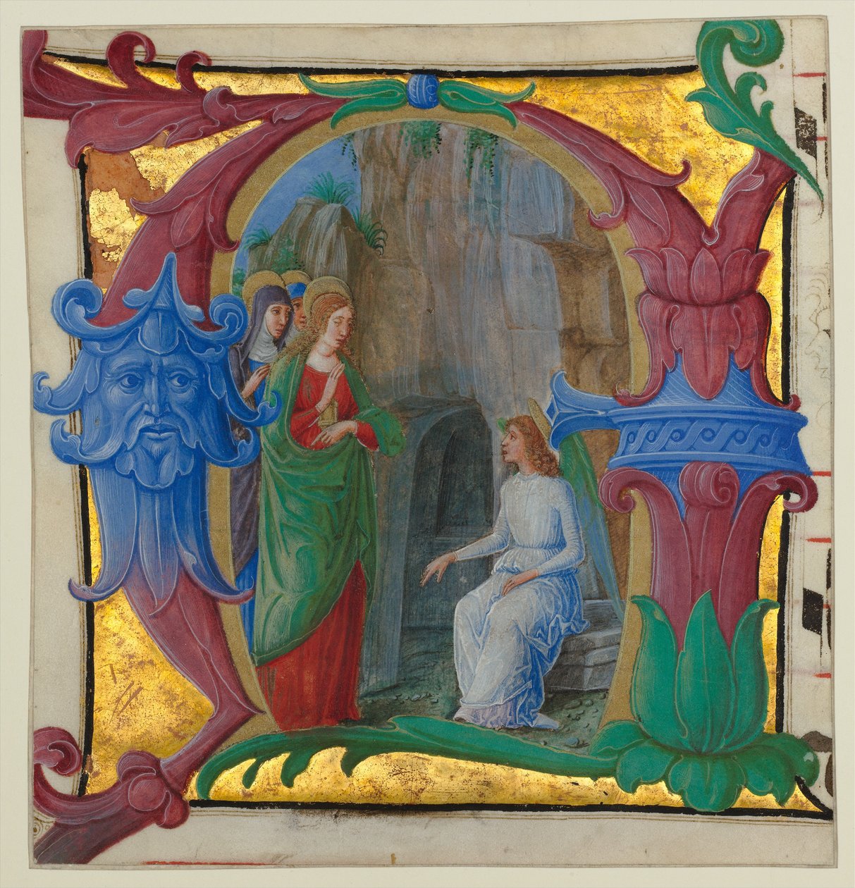 Manuskriptbelysning med de heliga kvinnorna vid graven i en initial A..., ca. 1490-1500. av Girolamo dai Libri