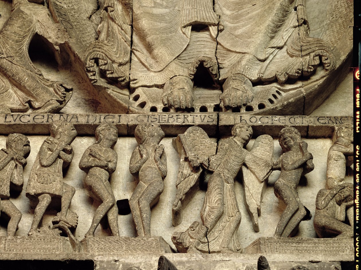 West Portal tympanon som visar den sista domen: detalj av Kristi fötter, en ängel och dödliga, ca 1130-35 kalksten av Gislebertus