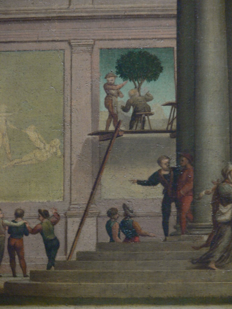 Der Raub der Dina (Genesis 34). Kunsthistorisches Museum Wien, Gemäldegalerie, Inv. Nr. 1554 , Detail im Hintergrund (Wandmaler auf Gerüst) av Giuliano Bugiardini