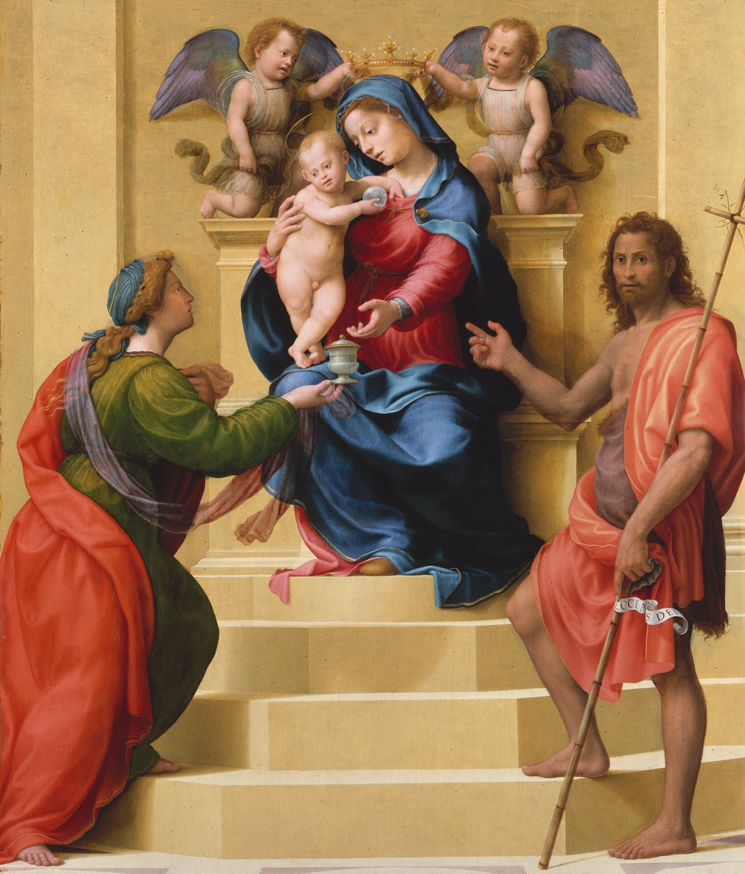 Madonna och barn på tronen med de heliga Maria Magdalena och Johannes Döparen, ca. 1523. av Giuliano Bugiardini