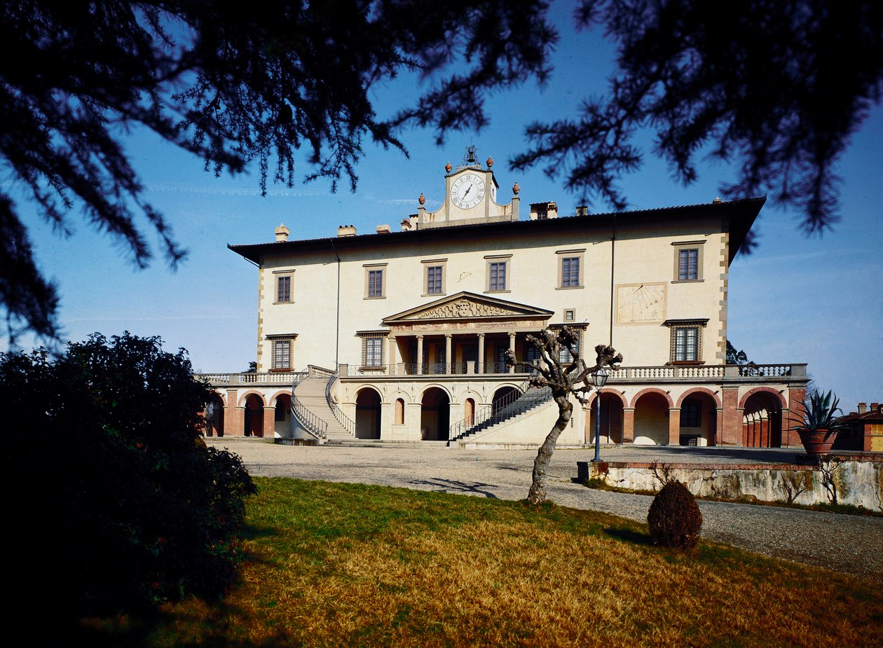Villa Medicis (Medici Villa); Utsikt över Villa Ambra a Poggio a Caiano startade 1485 på ett projekt av Giuliano da Sangallo. av Giuliano Giamberti da Sangallo