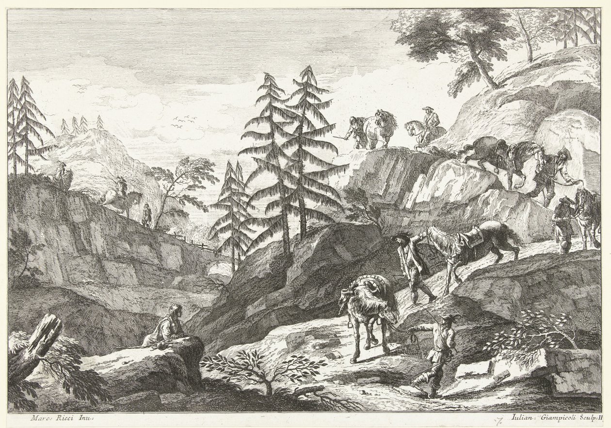 Bergslandskap med ryttare som leder hästar nedför på en stig Italienska landskap (serietitel) av Giuliano Giampiccoli