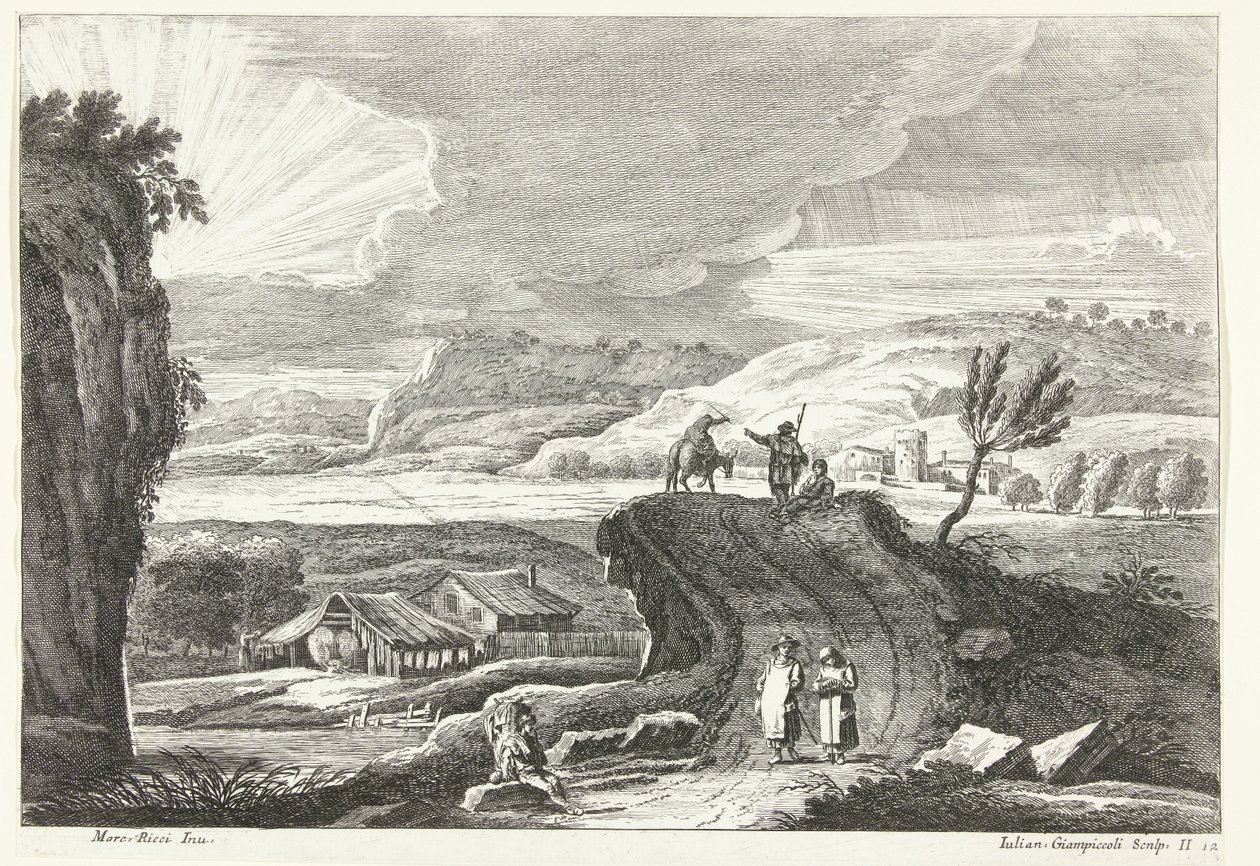 Kuperat landskap med pilgrimer på väg och den nedgående solen Italienska landskap (serietitel) av Giuliano Giampiccoli