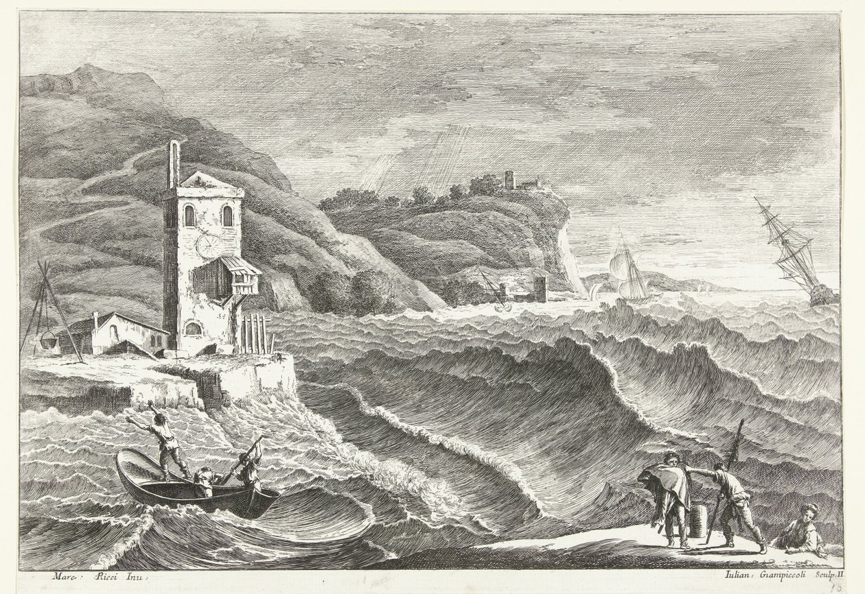 Kustlandskap med storm till havs och eldfyr Italienska landskap (serietitel) av Giuliano Giampiccoli