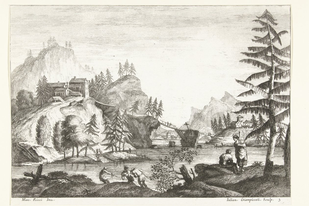 Landskap med flod och några figurer Italienska landskap (serietitel) av Giuliano Giampiccoli