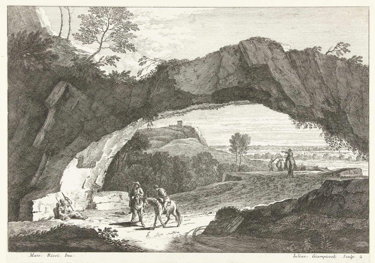 Landskap med stenbro och några figurer Italienska landskap (serietitel) av Giuliano Giampiccoli