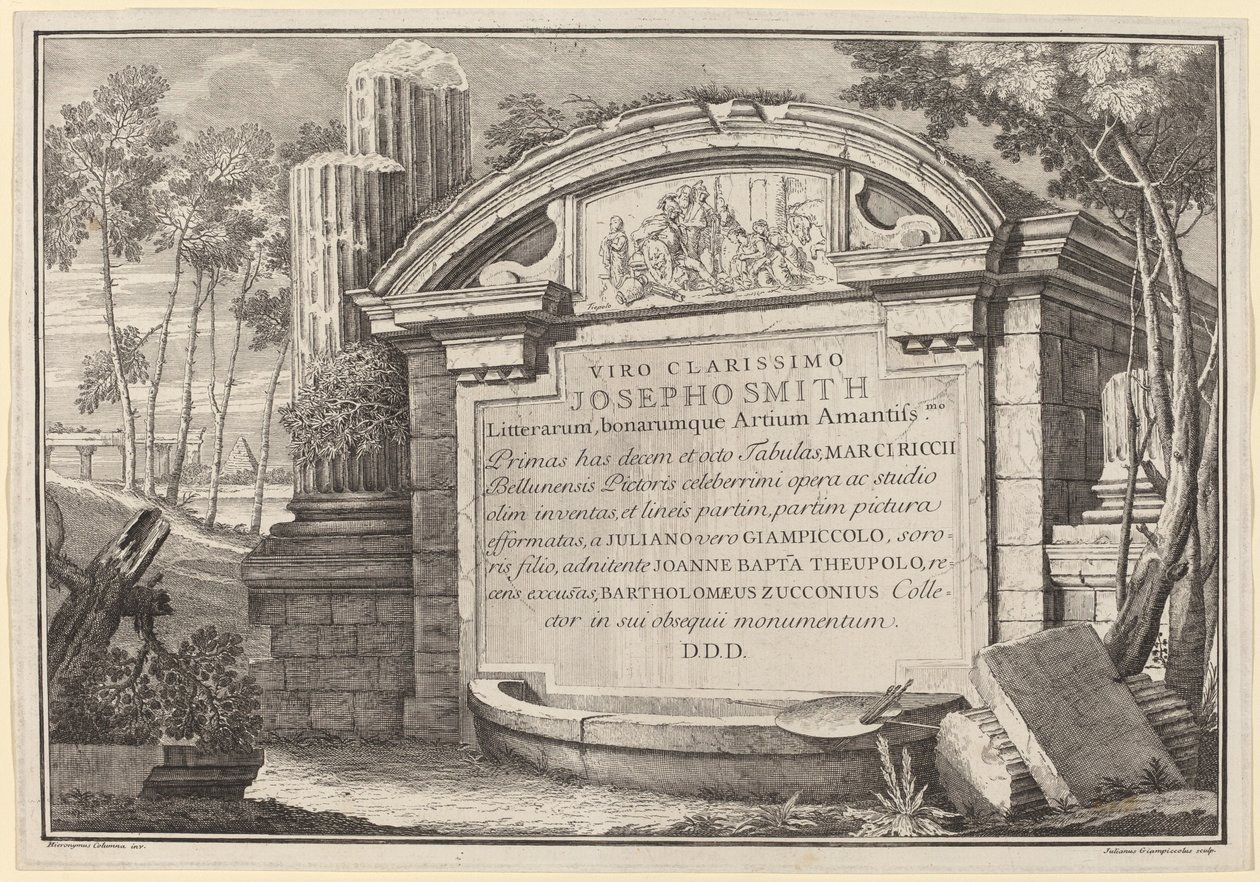 Klassiska ruiner i ett landskap: frontispice av Giuliano Giampiccoli and Giovanni Battista Tiepolo