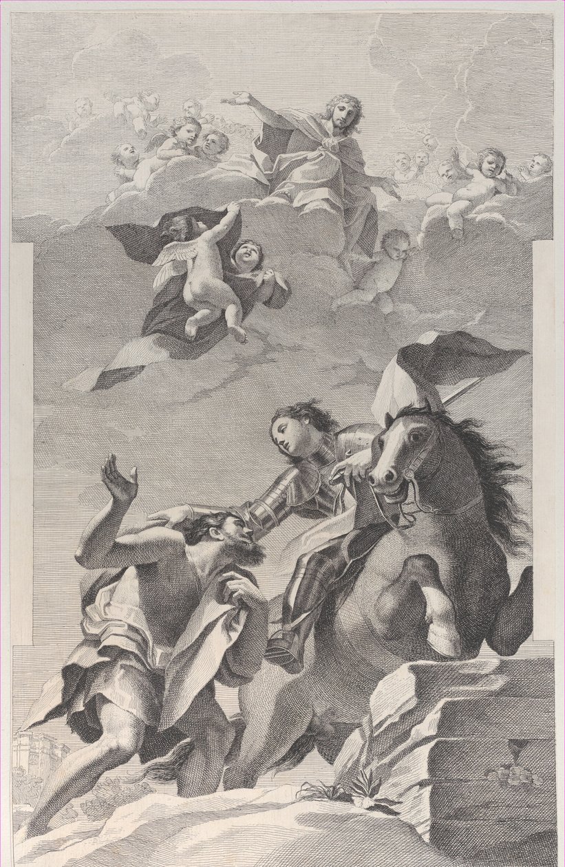 Sankt Martin, till häst, ger sin mantel till en tiggare..., 1760-1800. av Giuliano Traballesi