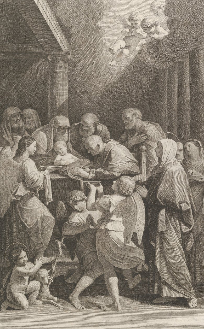 Kristi omskärelse, en grupp män, kvinnor och änglar som omger honom, den..., ca. 1760-1800. av Giuliano Traballesi