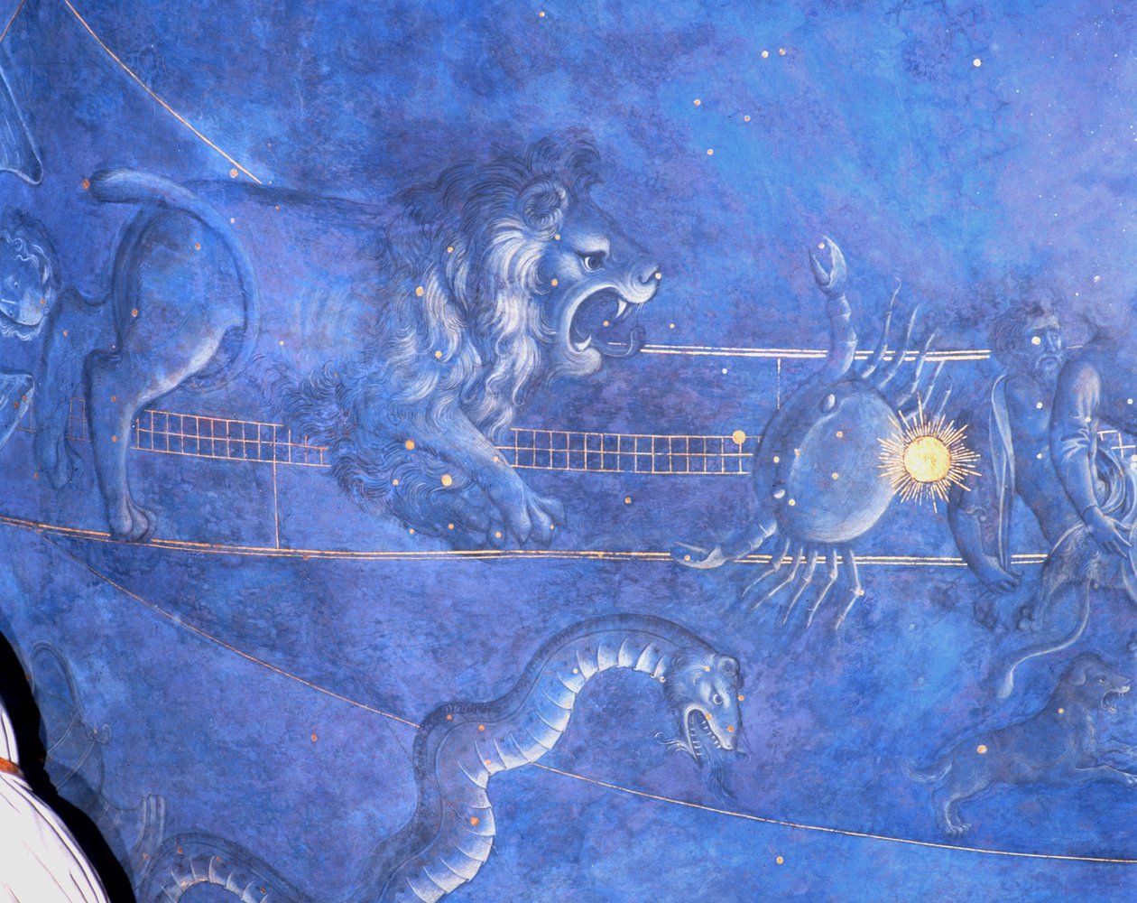 Solens väg genom stjärnorna natten den 4 juli 1442, detalj av Lejonet, Kräftan och Hydran, från soffiten ovanför altaret, ca 1430 (detalj av 85088) av Giuliano dArrighi Pesello