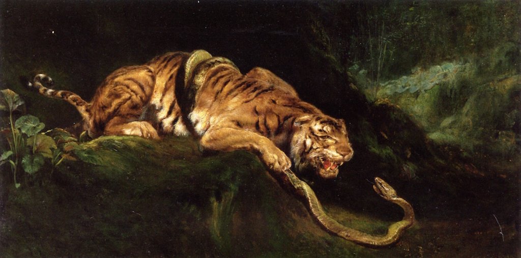  A Tiger Struggling with a Snaken av Giulio Aristide Sartorio