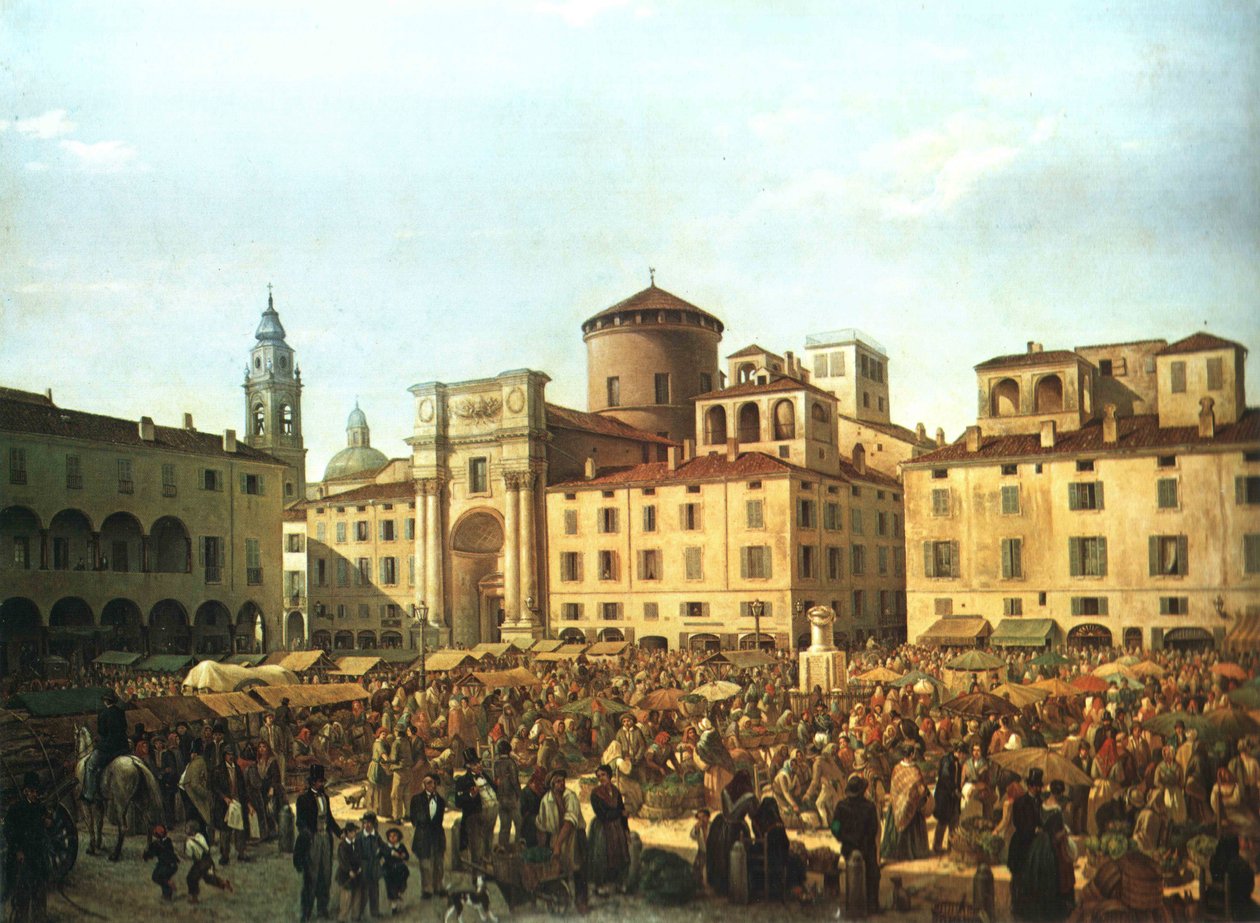 La piazza di Parma in giorno di mercato nel 1848 av Giulio Carmignani