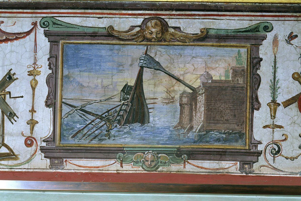 En anordning som gjorde det möjligt för Archimedes (ca 287-12 f.Kr.) att dra ett fartyg i land, Stanza della Mattematica, 1587-1609 av Giulio Parigi