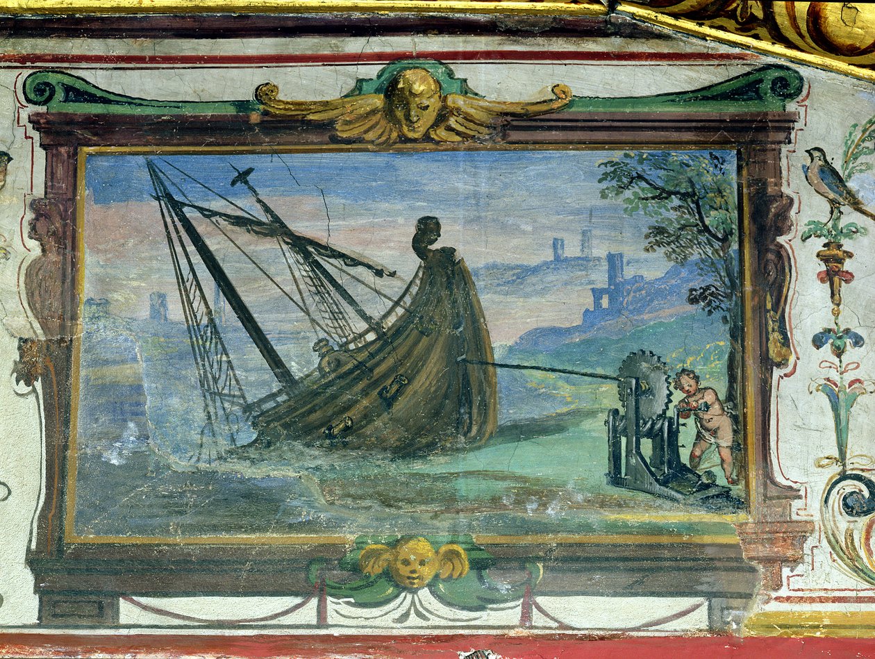 En ändlös skruv som gjorde det möjligt för Arkimedes (ca 287-12 f.Kr.) att dra ett skepp i land, Stanza della Mattematica, 1587-1609 av Giulio Parigi