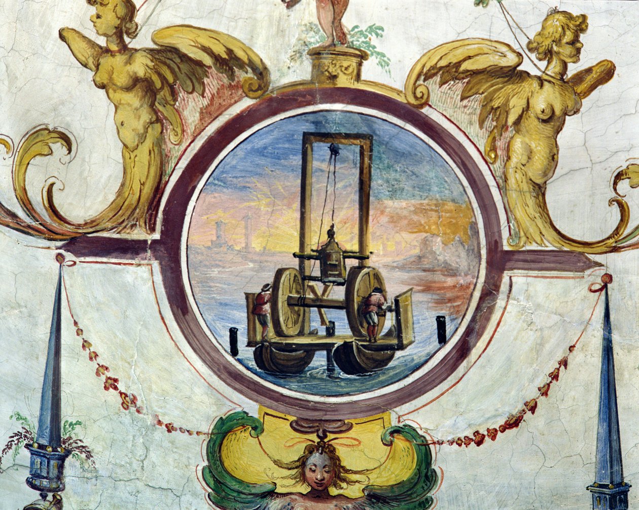 Stor ponton med en anordning för att trycka ner spikar i havsbottnen, Stanza della Mattematica, 1587-1609 av Giulio Parigi