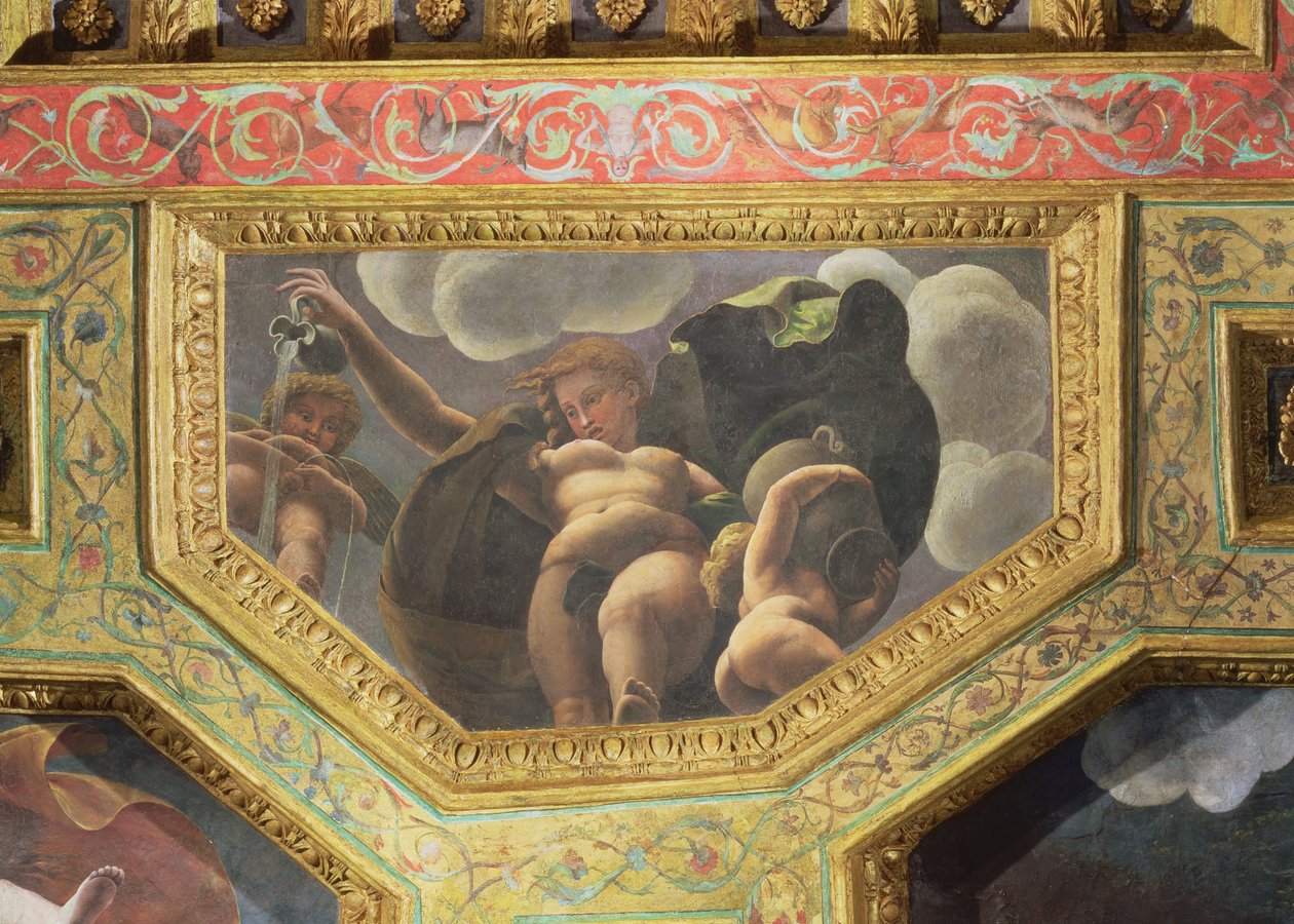 En nymf som häller vatten från en kanna, en putto som kissar och en annan putto som håller i en urna, takcaisson från Sala di Amore e Psiche, 1528 (olja på stuckatur) av Giulio Romano