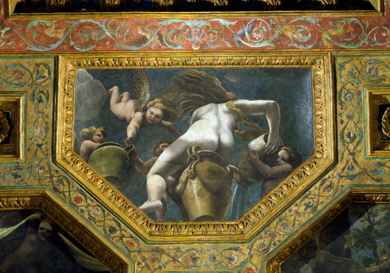 En nymf som häller vatten från en urna med hjälp av putti, takcaisson från Sala di Amore e Psiche, 1528 (olja på stuckatur) av Giulio Romano