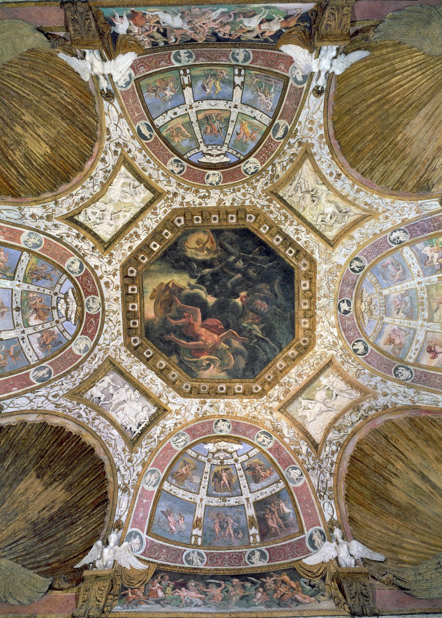 Camera delle Aquile, tak med Ikaros fall i den centrala panelen omgiven av stuckaturer av putti och lunetter med mytologiska scener, 1528 (fresk och stuckatur) av Giulio Romano