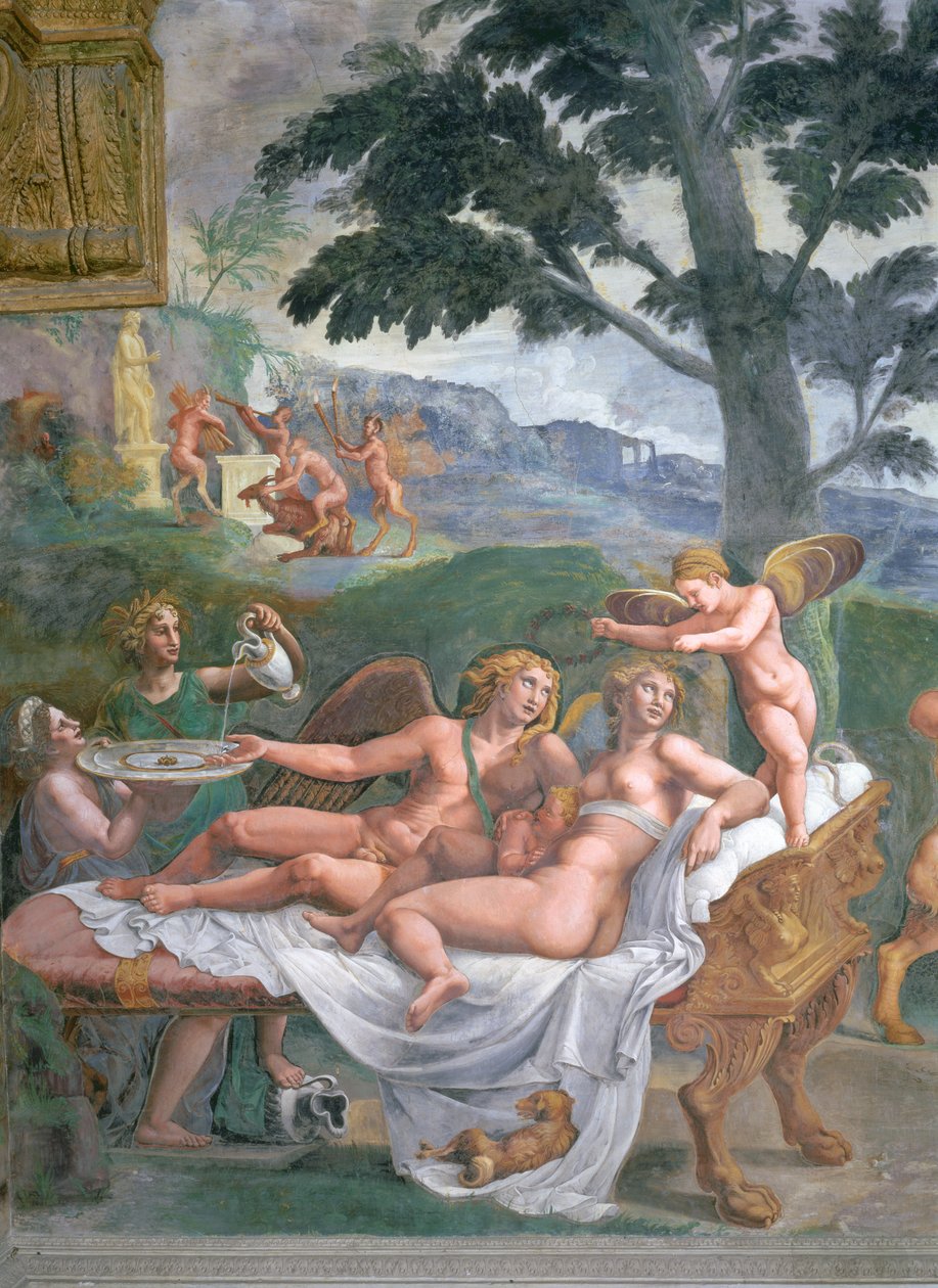Amor och Psyche med sin dotter Voluptuousness, väntade på av Ceres som häller vatten i en bassäng som innehas av Juno, detalj av den ädla banketten, från Sala di Amore e Psiche, 1528 freskdetalj av 7 av Giulio Romano