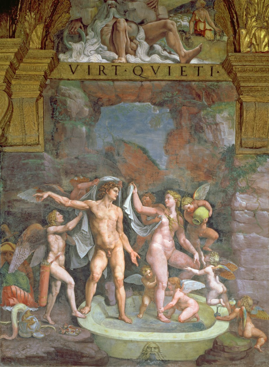 Mars och Venus badar med hjälp av Amor och putti från Sala di Amore e Psiche, 1528 av Giulio Romano