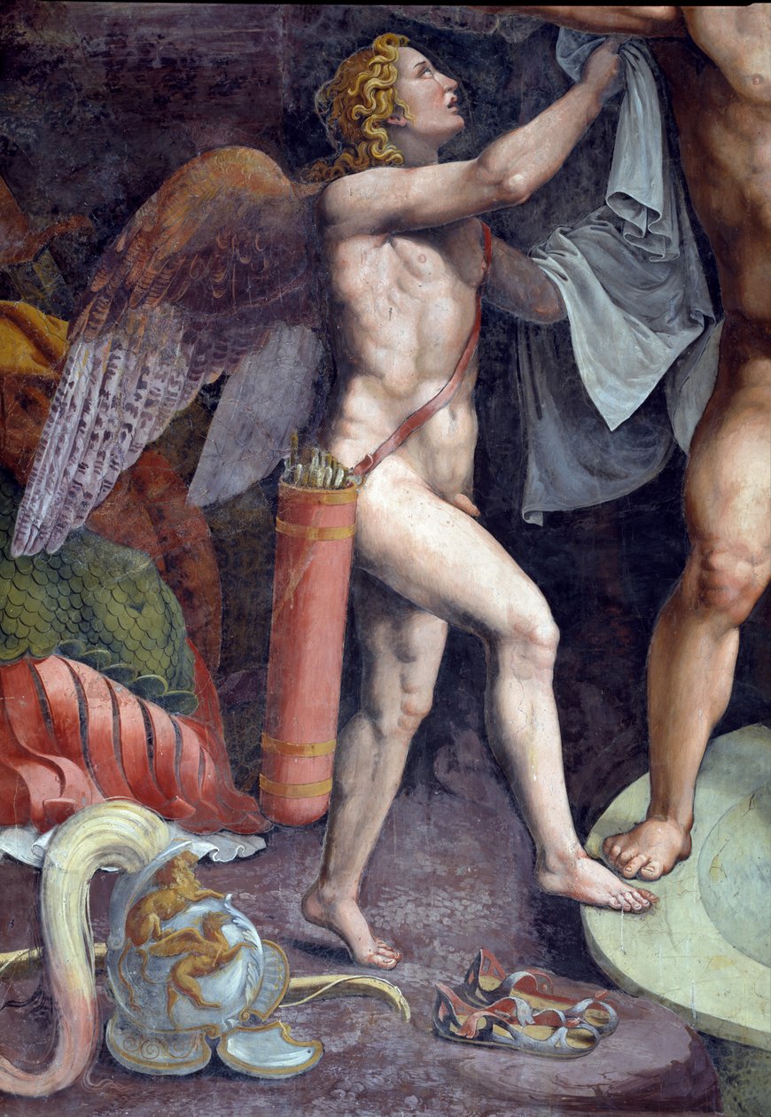 Mars och Venus badar, detalj som visar Amor som hjälper Mars från Sala di Amore e Psiche, 1528 freskdetalj av 78435 av Giulio Romano