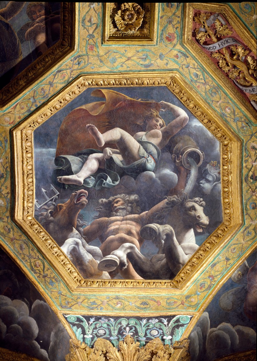 Neptunus och en vattennymf, takcaisson från Hall of Cupid and Psyche, 1528 (olja på stuckatur) av Giulio Romano