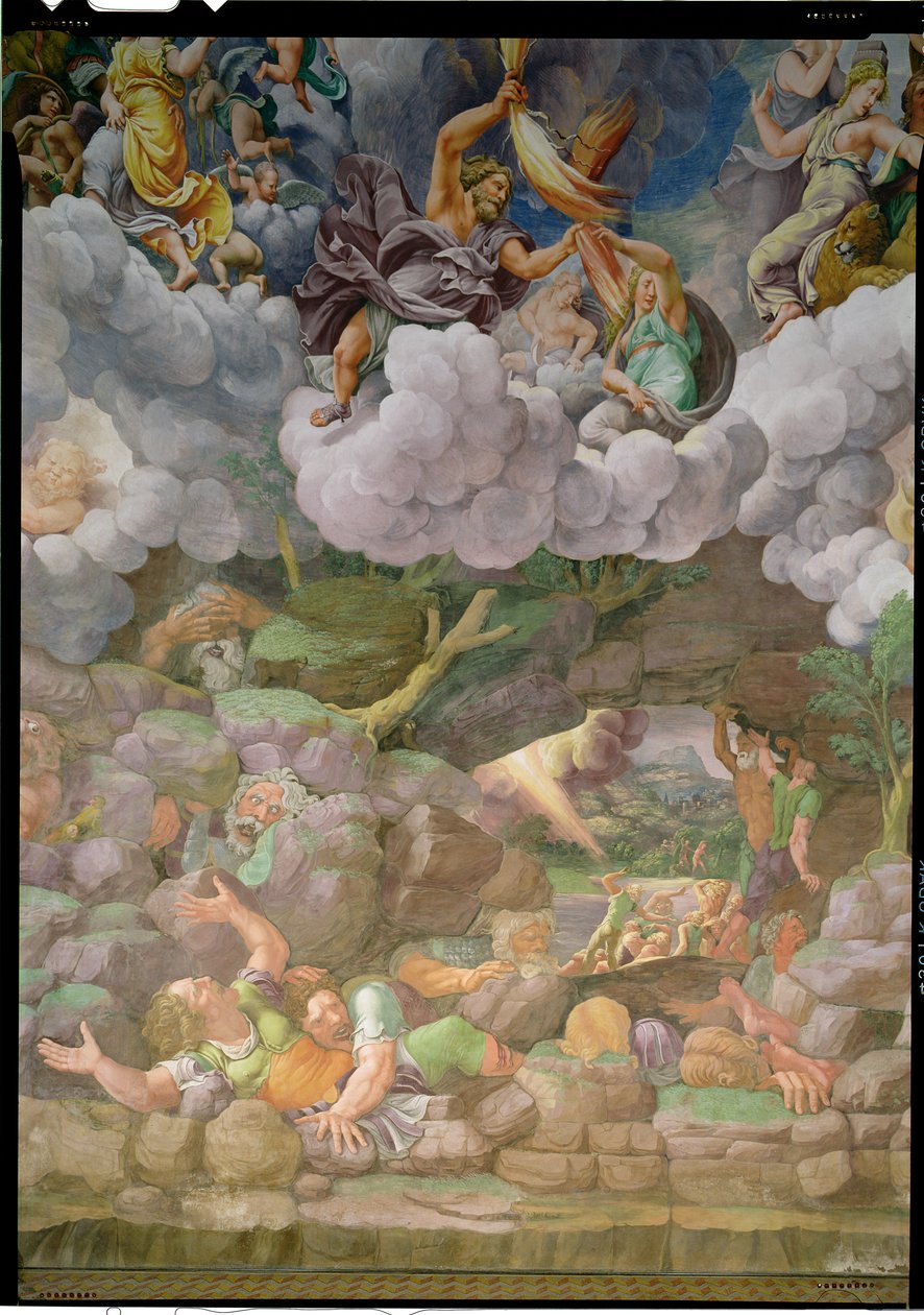 Olympus och Zeus förstör de rebelliska jättarna, detalj från en av väggarna i Sala dei Giganti, 1530-32 av Giulio Romano