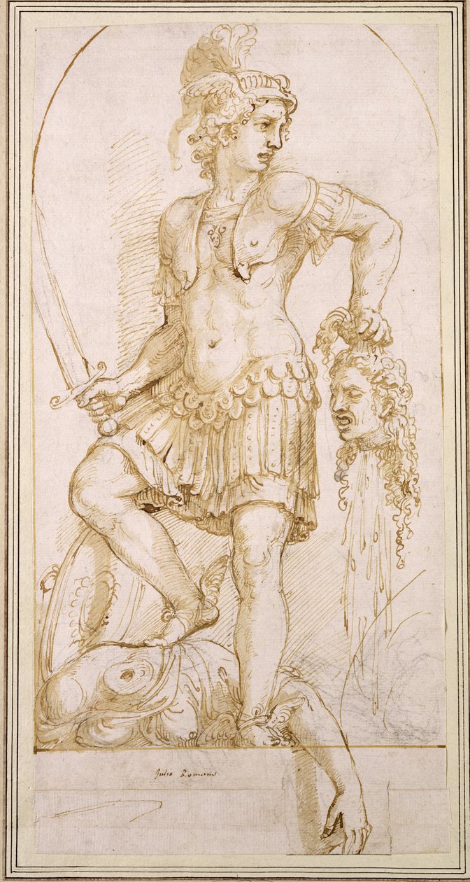 Perseus, ca 1540 (penna och brun penna med svart krita på vitt papper) av Giulio Romano