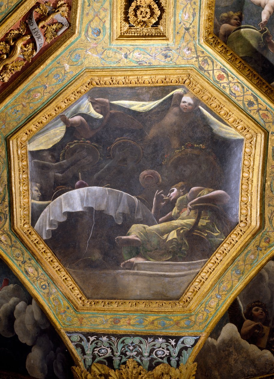 Psyche eating in the house of Cupid, takcaisson från Sala di Amore e Psyche, 1528 (olja på stuckatur) av Giulio Romano