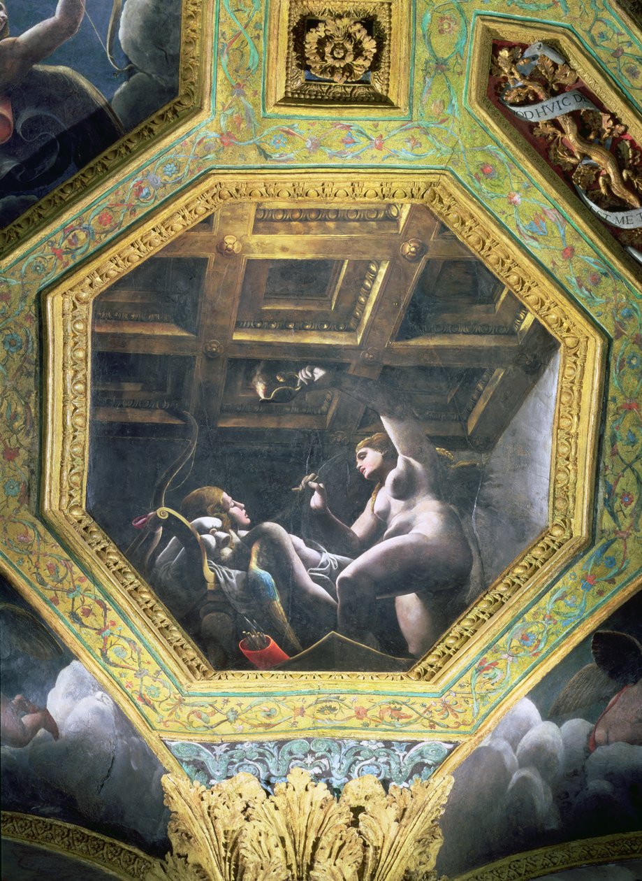 Psyche ser Amor medan han sover, takcaisson från Sala di Amore e Psiche, 1528 (olja på stuckatur) av Giulio Romano