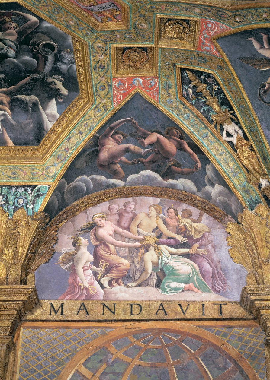 Psyke under en av de prövningar som Venus ställt henne inför, lunett från Sala di Amore e Psiche, 1528 (olja på stuckatur) av Giulio Romano
