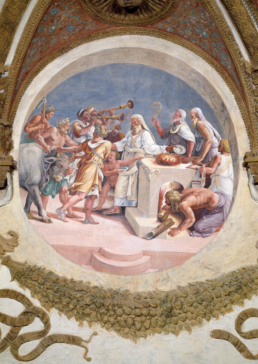 Offrande av en oxe, från Camera dei Venti, 1528 av Giulio Romano