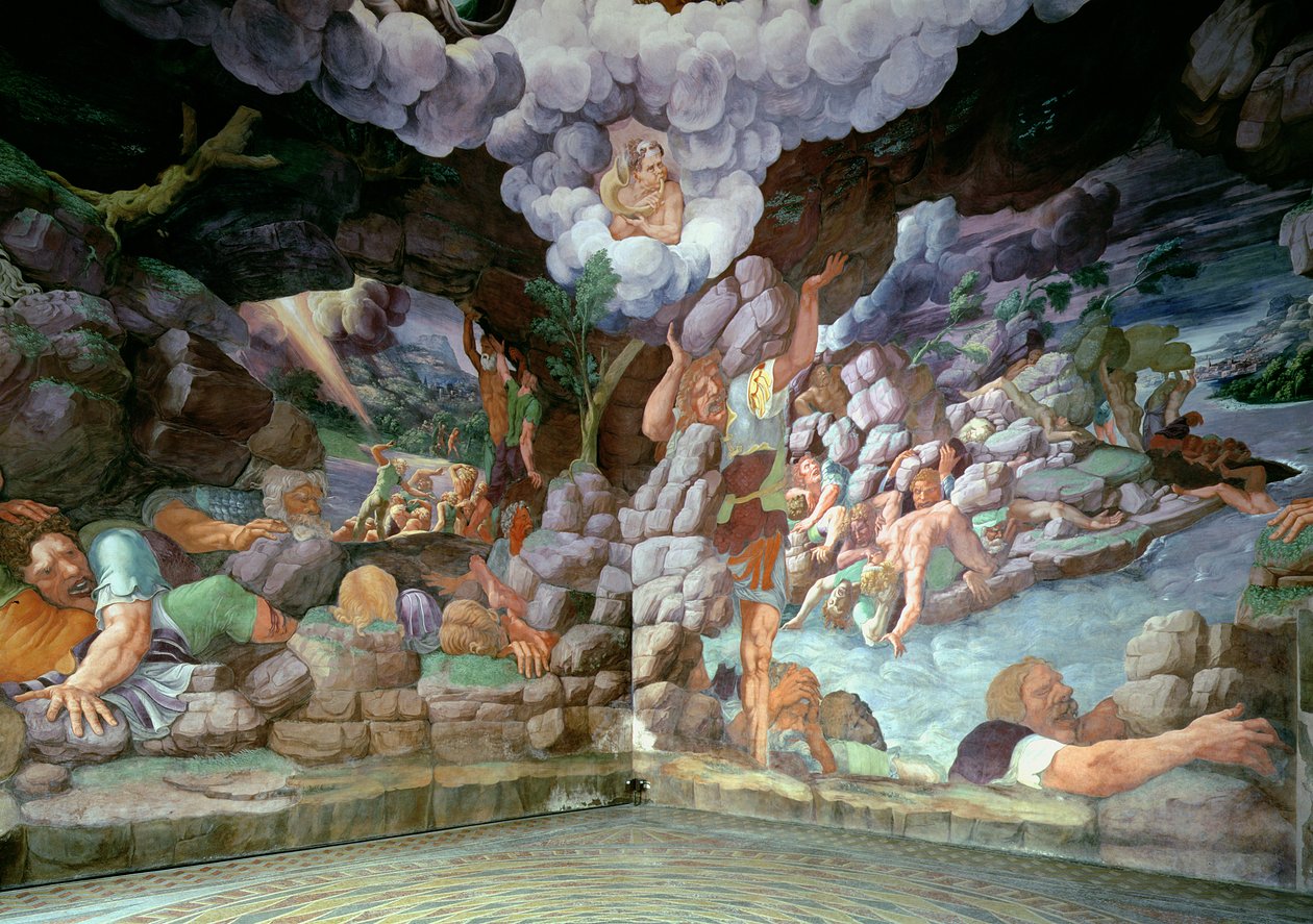 Sala dei Giganti, vy av två väggar som visar hur Jupiters åskviggar förstörde de upproriska jättarna, 1536 (för detaljer se 78483-86) av Giulio Romano