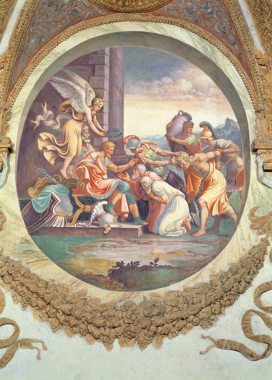 Scen som visar att de som är födda under Vattumannens tecken i samband med konstellationen Aquila förmedlas med krigiska dygder, symboliserade av en scen av triumf, från Camera dei Venti, av Giulio Romano