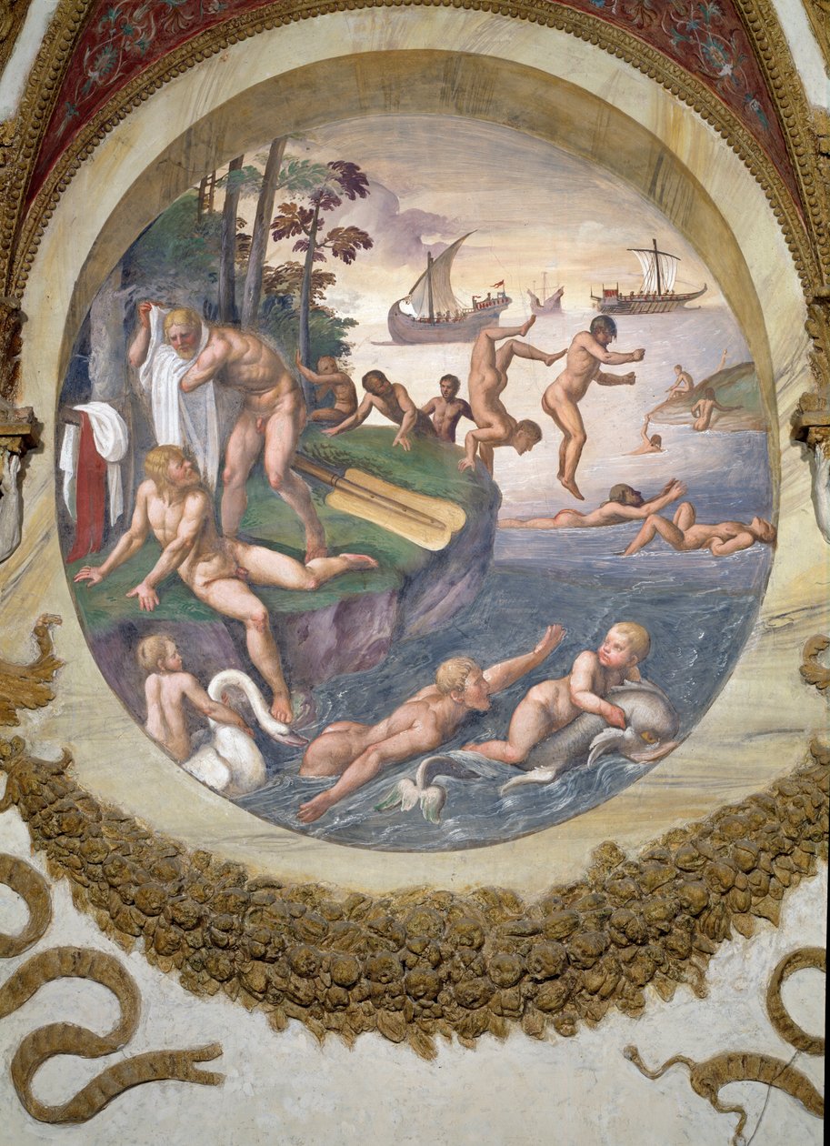 Scen som visar att de som är födda under Vädurens tecken i samband med stjärnbilden skeppet och delfinen ges förmåga att navigera och simma, symboliserat av skeppet och av Giulio Romano