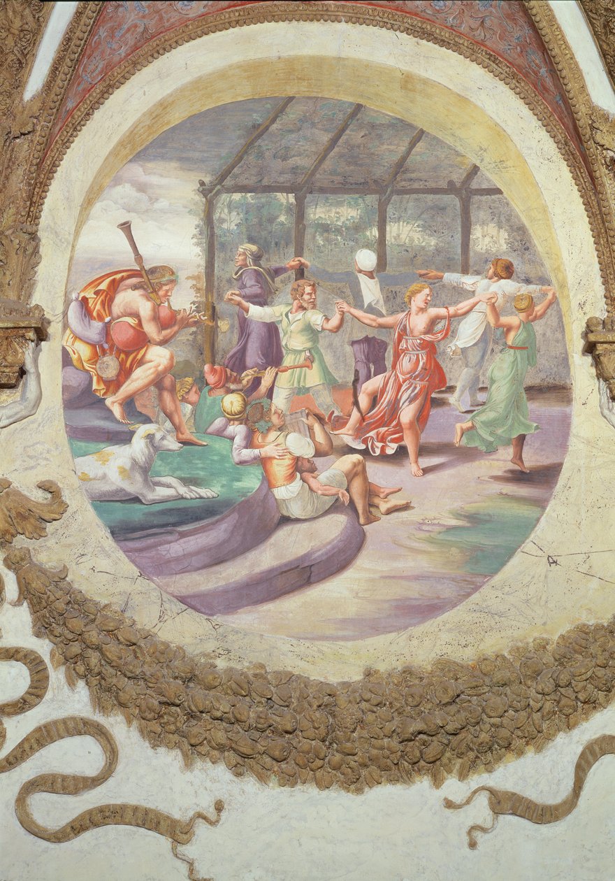 Scen som visar att de som är födda under Vädurens tecken i samband med getens stjärnbild ges en fallenhet för att spela zampogna och en benägenhet för amorösa passioner, s. av Giulio Romano