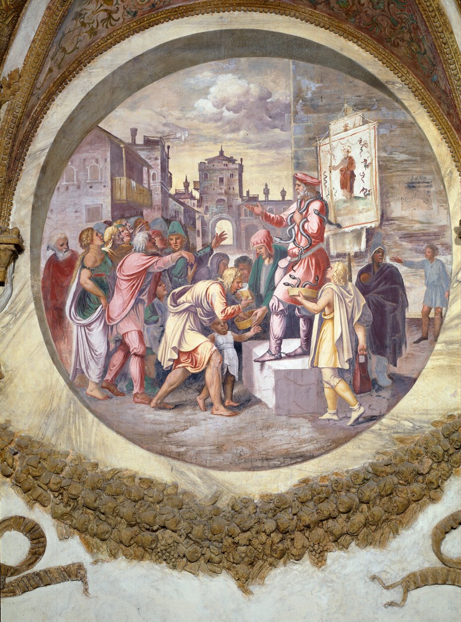 Scen som visar att de som är födda under Stenbockens tecken i samband med stjärnbilden Serpentarius eller Ophiucus kommer att vara ormtjusare, symboliserade av en säljare av theriac, ett motgift igen av Giulio Romano